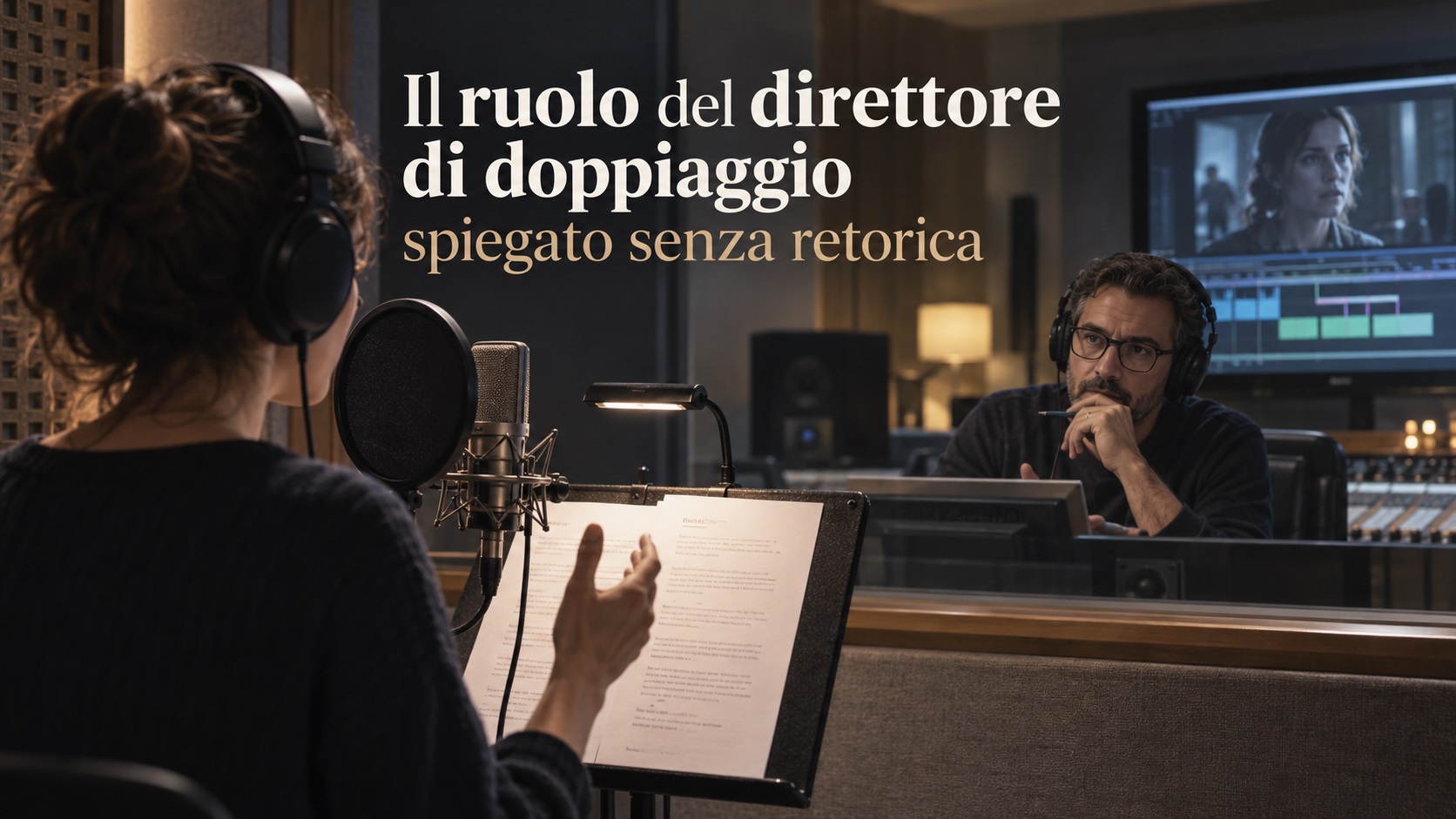 Direttore di doppiaggio in sala di registrazione mentre guida un’attrice al microfono durante una sessione di doppiaggio.
